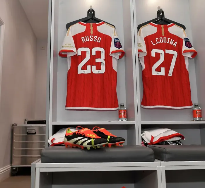 Framed Print : Arsenal's Alessia Russo Unveils New Adidas Boots in Meadow Park Changing Room Ahead of Arsenal Women vs Everton Women (Barclays WSL, 2023-24)