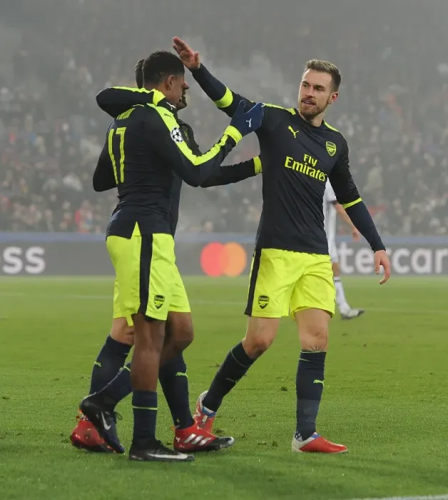 Framed Print : Arsenal's Alex Iwobi and Aaron Ramsey Celebrate Goals Against FC Basel in 2016-17 UEFA Champions League