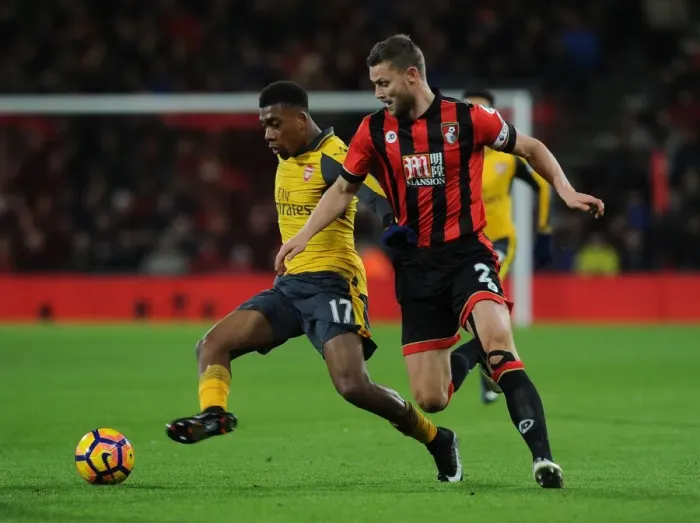 Framed Print : Arsenal's Alex Iwobi Faces Off Against Bournemouth's Simon Francis in Premier League Clash Framed Print : Arsenal's Alex Iwobi Faces Off Against Bournemouth's Simon Francis in Premier League Clash
