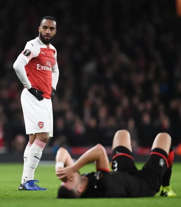 Framed Print : Arsenal's Alex Lacazette in Action against Stade Rennais in UEFA Europa League Round of 16 (2018-19)