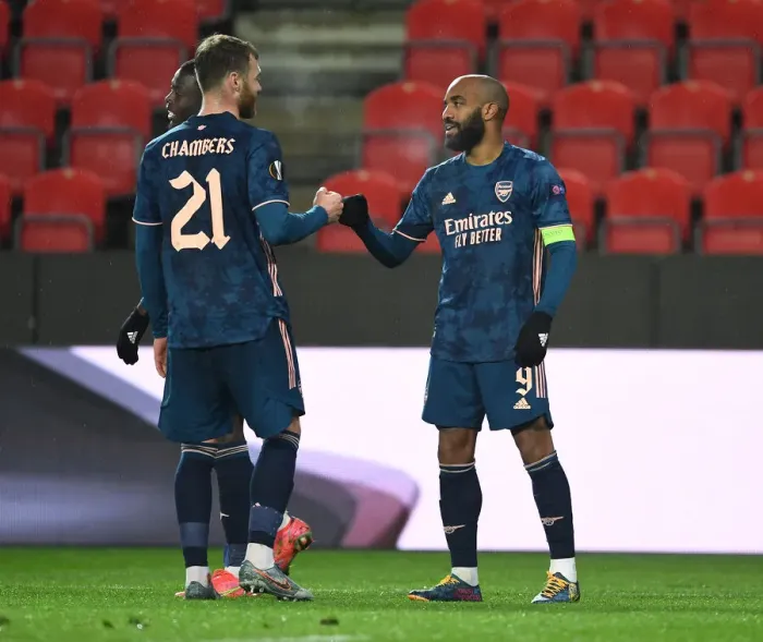 Framed Print : Arsenal's Alex Lacazette and Calum Chambers Celebrate Goals in Empty Eden Arena: Slavia Prague vs. Arsenal, UEFA Europa League Quarterfinals (April 15, 2021) Framed Print : Arsenal's Alex Lacazette and Calum Chambers Celebrate Goals in Empty Eden Arena: Slavia Prague vs. Arsenal, UEFA Europa League Quarterfinals (April 15, 2021)