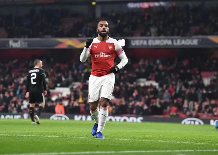 Framed Print : Arsenal's Alex Lacazette Celebrates Goal Against Qarabag in Europa League Match Framed Print : Arsenal's Alex Lacazette Celebrates Goal Against Qarabag in Europa League Match