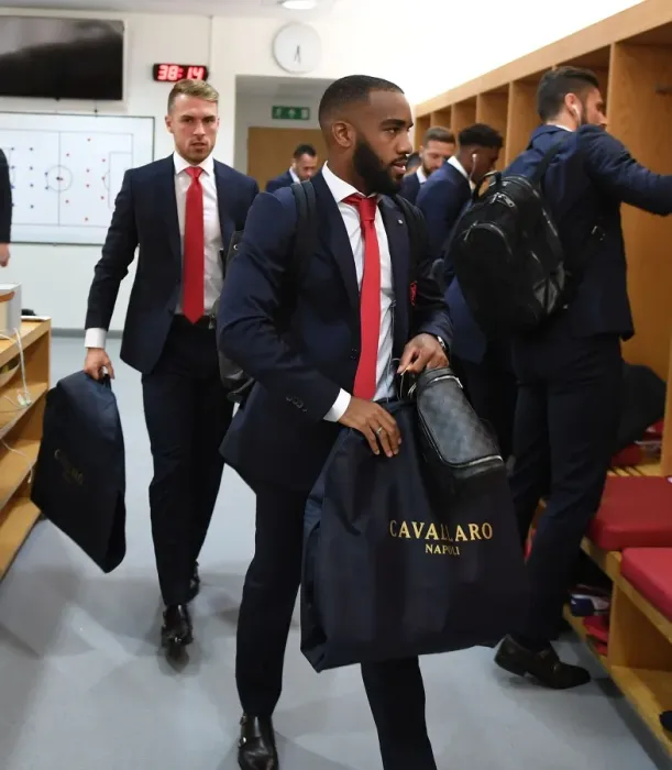 Framed Print : Arsenal's Alex Lacazette in the Home Changing Room - Arsenal vs Leicester City, Premier League 2017-18