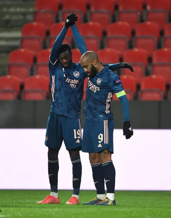 Framed Print : Arsenal's Alex Lacazette and Nicolas Pepe Celebrate Goals in Empty Eden Arena: Slavia Prague vs. Arsenal, UEFA Europa League Quarterfinals (April 15, 2021) Framed Print : Arsenal's Alex Lacazette and Nicolas Pepe Celebrate Goals in Empty Eden Arena: Slavia Prague vs. Arsenal, UEFA Europa League Quarterfinals (April 15, 2021)