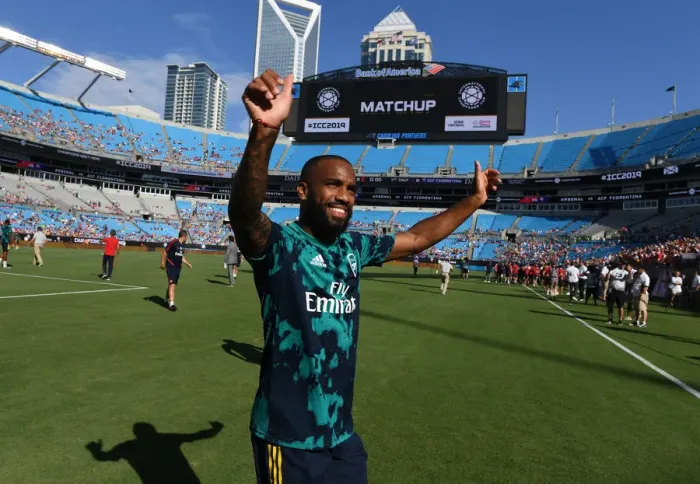 Framed Print : Arsenal's Alex Lacazette Prepares for Arsenal v Fiorentina at 2019 International Champions Cup in Charlotte Framed Print : Arsenal's Alex Lacazette Prepares for Arsenal v Fiorentina at 2019 International Champions Cup in Charlotte