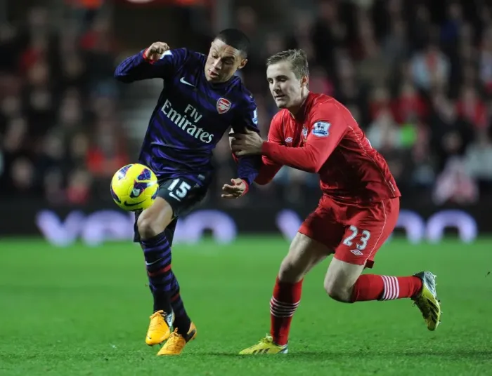 Framed Print : Arsenal's Alex Oxlade-Chamberlain Faces Off Against Southampton's Luke Shaw in Premier League Clash Framed Print : Arsenal's Alex Oxlade-Chamberlain Faces Off Against Southampton's Luke Shaw in Premier League Clash