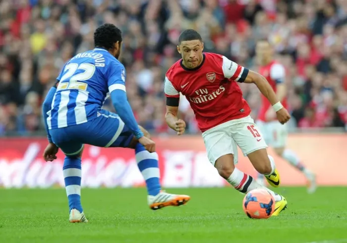 Framed Print : Arsenal's Alex Oxlade-Chamberlain Faces Off Against Wigan's Jean Beausejour in FA Cup Semi-Final Showdown Framed Print : Arsenal's Alex Oxlade-Chamberlain Faces Off Against Wigan's Jean Beausejour in FA Cup Semi-Final Showdown