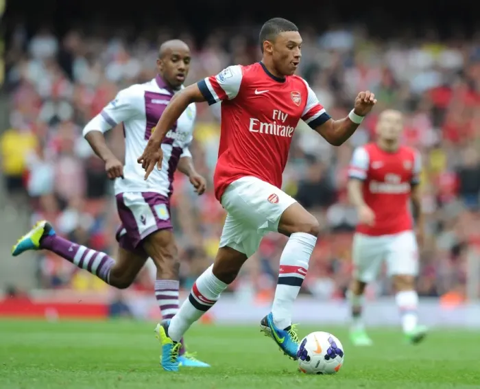 Framed Print : Arsenal's Alex Oxlade-Chamberlain Outmaneuvers Aston Villa's Fabian Delph