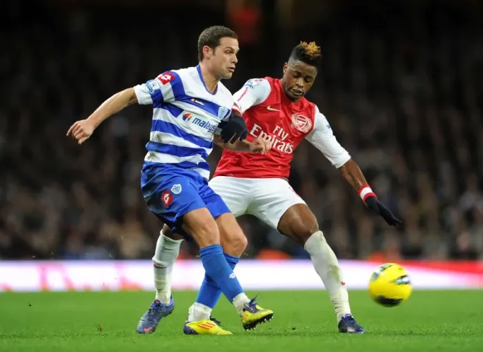 Framed Print : Arsenal's Alex Song Closes Down Luke Young (2011-12): Arsenal v Queens Park Rangers, Premier League Framed Print : Arsenal's Alex Song Closes Down Luke Young (2011-12): Arsenal v Queens Park Rangers, Premier League