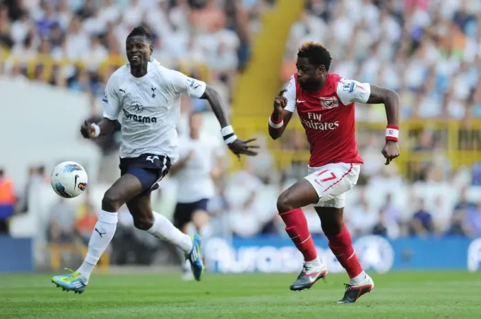 Framed Print : Arsenal's Alex Song vs. Tottenham's Emmanuel Adebayor: A Rivalry Renewed in the 2011-12 Premier League Clash at White Hart Lane (2:1 in Spurs Favor)