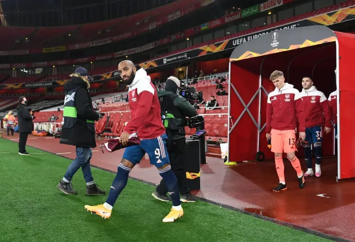 Framed Print : Arsenal's Alexandre Lacazette Leads Team Out Against Rapid Wien in Europa League Framed Print : Arsenal's Alexandre Lacazette Leads Team Out Against Rapid Wien in Europa League
