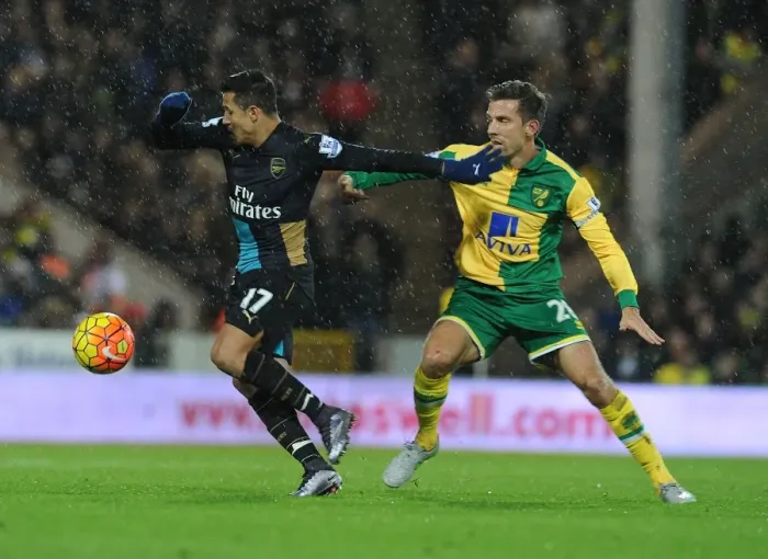 Framed Print : Arsenal's Alexis Sanchez Battles Norwich's Gary O'Neil in Intense Premier League Showdown