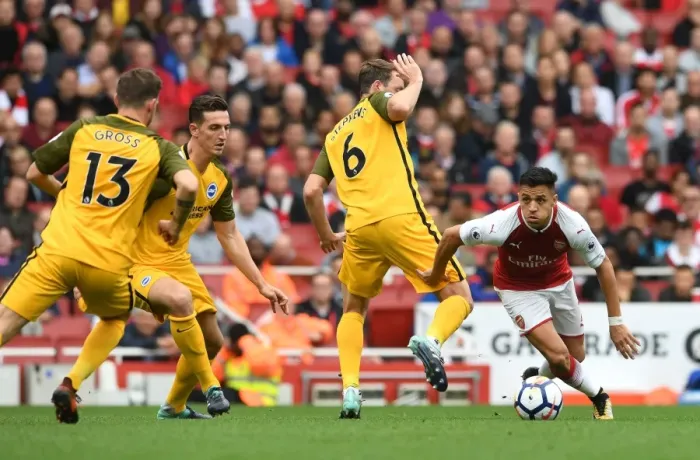 Framed Print : Arsenal's Alexis Sanchez Clashes with Brighton's Dale Stephens in Premier League Showdown Framed Print : Arsenal's Alexis Sanchez Clashes with Brighton's Dale Stephens in Premier League Showdown