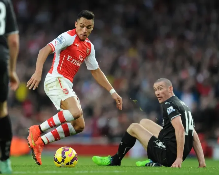 Framed Print : Arsenal's Alexis Sanchez Faces Off Against Burnley's David Jones in Premier League Clash