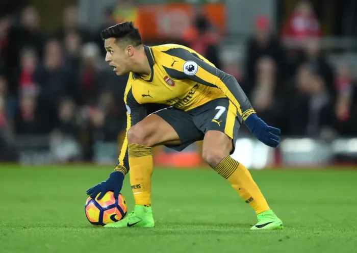 Framed Print : Arsenal's Alexis Sanchez Faces Off Against Liverpool at Anfield (Premier League 2016-17)
