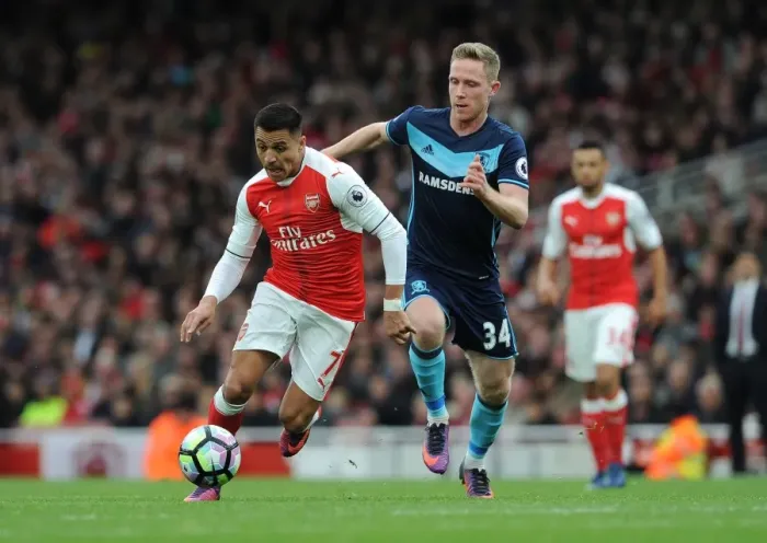 Framed Print : Arsenal's Alexis Sanchez Faces Off Against Middlesbrough's Adam Forshaw in Premier League Clash