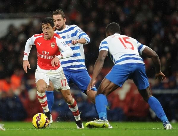 Arsenal's Alexis Sanchez Faces Off Against QPR's Nedum Onuoha and Niko Kranjcar
