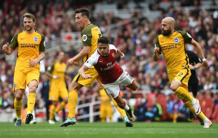 Framed Print : Arsenal's Alexis Sanchez Fouls by Brighton's Lewis Dunk in Premier League Clash Framed Print : Arsenal's Alexis Sanchez Fouls by Brighton's Lewis Dunk in Premier League Clash
