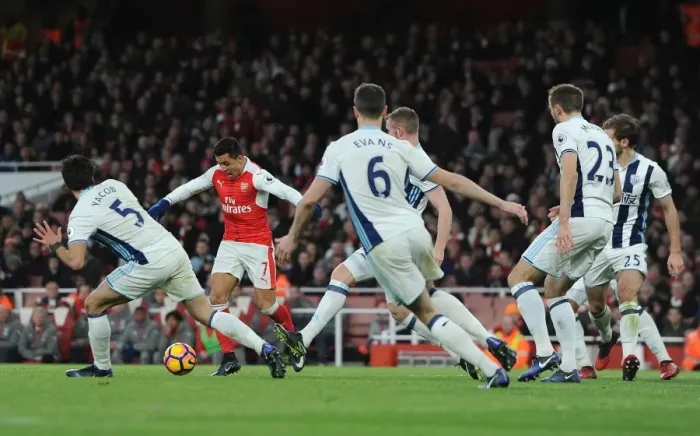 Framed Print : Arsenal's Alexis Sanchez Goes Head-to-Head with Claudio Yacob and Jonny Evans in Intense Football Battle