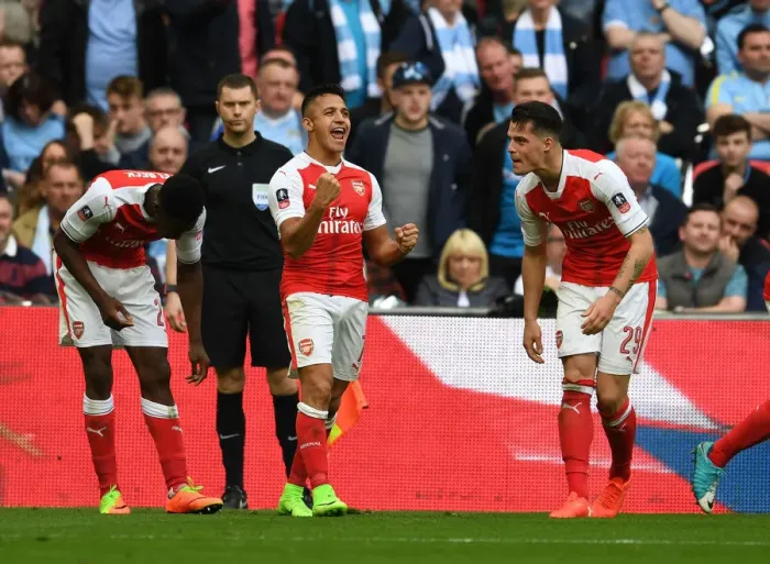 Framed Print : Arsenal's Alexis Sanchez and Granit Xhaka Celebrate Goals in FA Cup Semi-Final vs Manchester City Framed Print : Arsenal's Alexis Sanchez and Granit Xhaka Celebrate Goals in FA Cup Semi-Final vs Manchester City