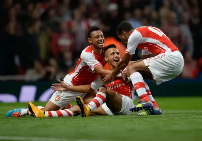Framed Print : Arsenal's Alexis Sanchez, Issac Hayden, and Francis Coquelin Celebrate Goal Against Southampton (2014 / 15 League Cup)