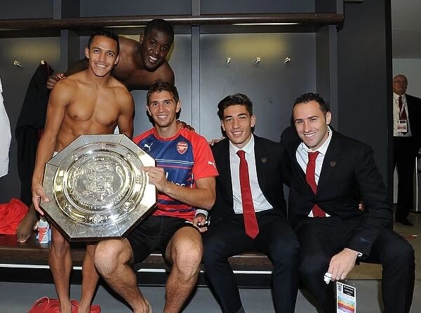 Arsenal's Alexis Sanchez, Joel Campbell, Emiliano Martinez, Hector Bellerin, and David Ospina Celebrate FA Community Shield Victory over Manchester City