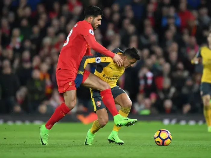 Framed Print : Arsenal's Alexis Sanchez Outmaneuvers Emre Can: Thrilling Premier League Clash between Arsenal and Liverpool (2016-17)