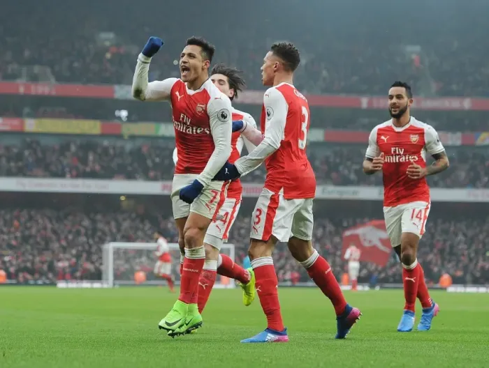 Framed Print : Arsenal's Alexis Sanchez Scores, Celebrates with Kieran Gibbs vs Hull City (2016-17)