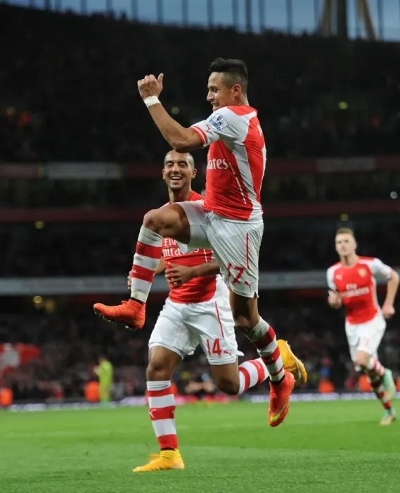 Framed Print : Arsenal's Alexis Sanchez and Theo Walcott: Dazzling Duo Celebrates Goals Against Burnley, 2014 / 15 Premier League Framed Print : Arsenal's Alexis Sanchez and Theo Walcott: Dazzling Duo Celebrates Goals Against Burnley, 2014 / 15 Premier League