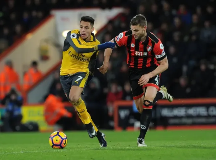 Framed Print : Arsenal's Alexis Sanchez vs. Bournemouth's Simon Francis: A Premier League Battle Framed Print : Arsenal's Alexis Sanchez vs. Bournemouth's Simon Francis: A Premier League Battle