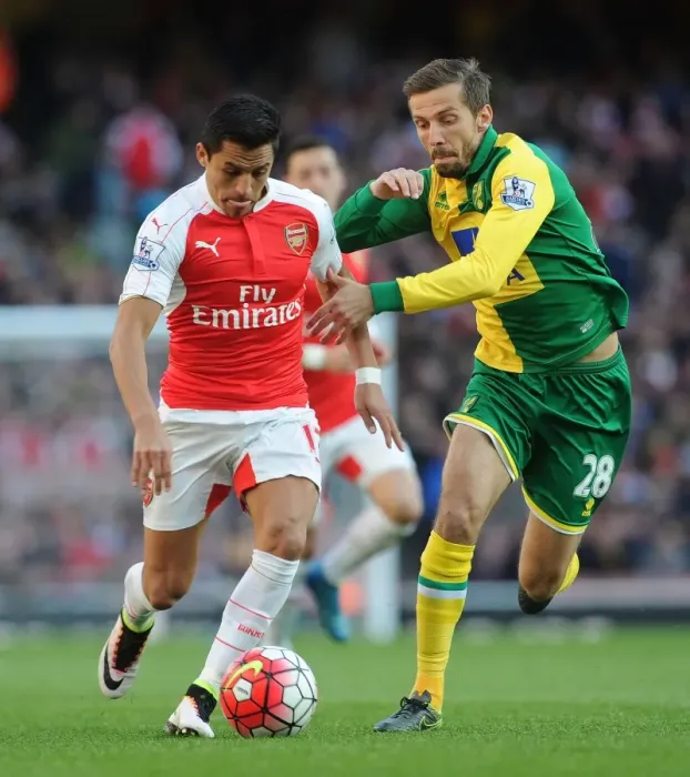 Framed Print : Arsenal's Alexis Sanchez vs. Norwich's Gary O'Neil: Intense Face-off during the 2015-16 Premier League Match