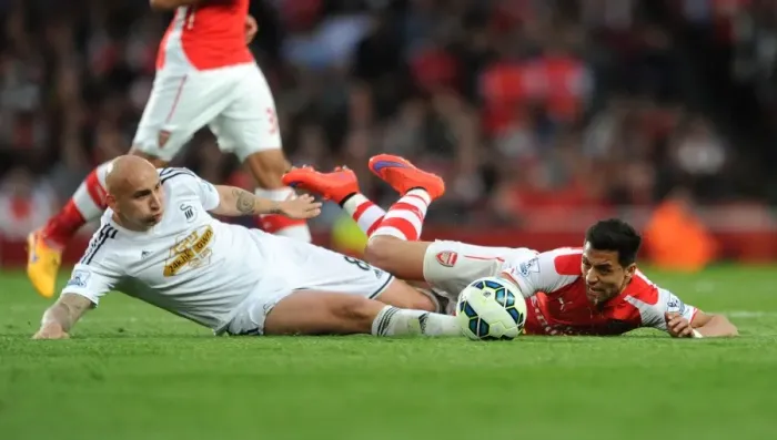 Framed Print : Arsenal's Alexis Sanchez vs Swansea's Jonjo Shelvey: Foul Clash in 2014 / 15 Premier League Match Framed Print : Arsenal's Alexis Sanchez vs Swansea's Jonjo Shelvey: Foul Clash in 2014 / 15 Premier League Match