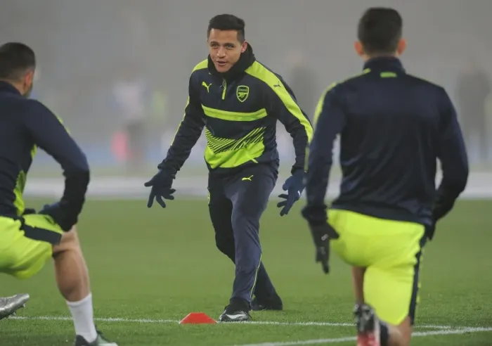 Framed Print : Arsenal's Alexis Sanchez Warming Up Ahead of FC Basel Clash in 2016-17 UEFA Champions League