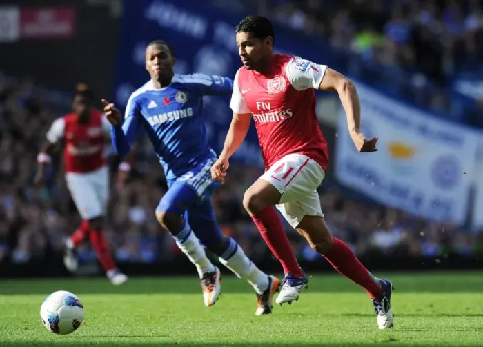 Framed Print : Arsenal's Andre Santos Faces Off Against Chelsea at Stamford Bridge (2011-12 Premier League)