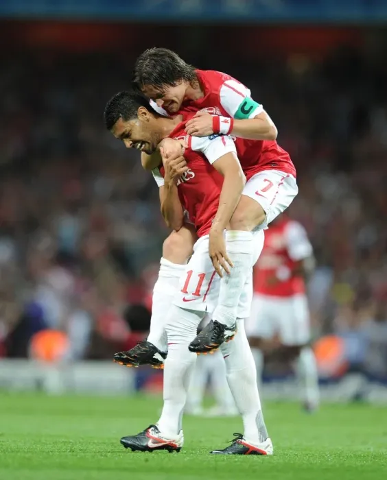 Framed Print : Arsenal's Andre Santos and Tomas Rosicky Celebrate Goal Against Olympiacos in 2011-12 UEFA Champions League