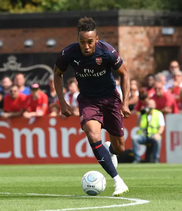 Framed Print : Arsenal's Aubameyang in Action: Pre-Season Clash against Borehamwood (2018)