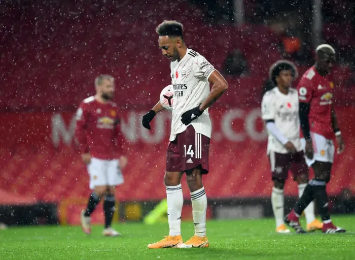 Framed Print : Arsenal's Aubameyang Battles Manchester United in Empty Old Trafford (2020-21 Premier League)