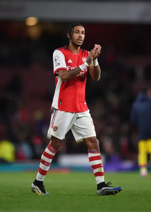 Framed Print : Arsenal's Aubameyang Celebrates with Fans after Arsenal v Crystal Palace Win, 2021-22 Premier League