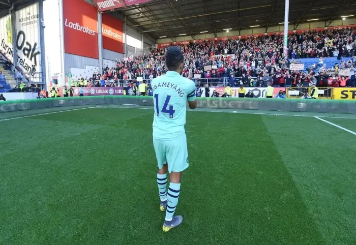 Framed Print : Arsenal's Aubameyang Celebrates with Fans after Burnley Victory (2018-19) Framed Print : Arsenal's Aubameyang Celebrates with Fans after Burnley Victory (2018-19)