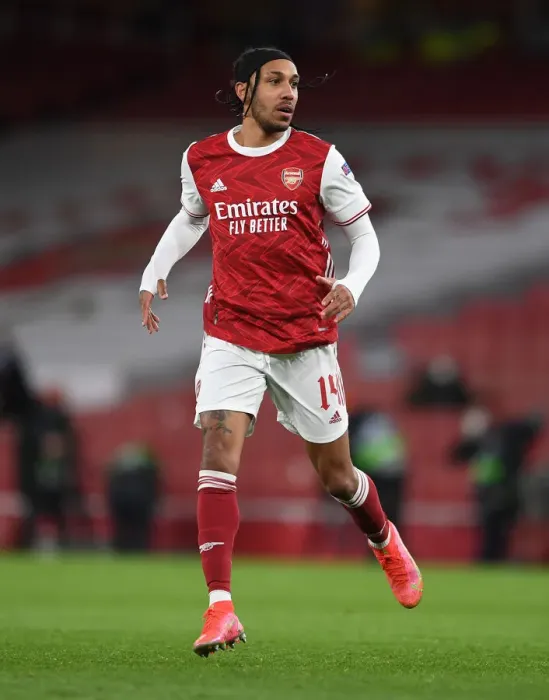 Framed Print : Arsenal's Aubameyang in Empty Emirates: Arsenal vs Slavia Praha, Europa League Quarterfinal Amidst COVID-19 Restrictions