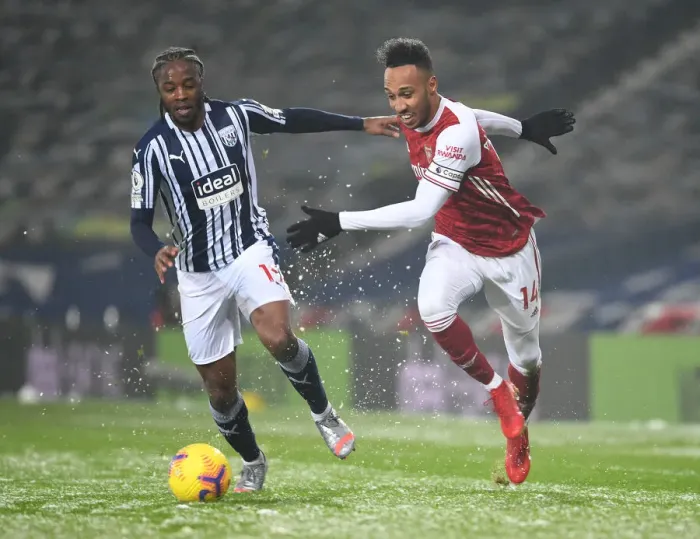 Framed Print : Arsenal's Aubameyang Faces Off Against WBA's Sawyers in Premier League Clash (West Bromwich Albion vs Arsenal, 2020-21) Framed Print : Arsenal's Aubameyang Faces Off Against WBA's Sawyers in Premier League Clash (West Bromwich Albion vs Arsenal, 2020-21)