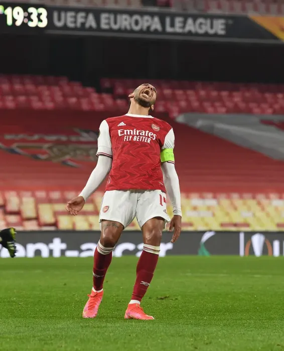 Framed Print : Arsenal's Aubameyang Frustrated in Empty Emirates During Europa League Clash Against Olympiacos