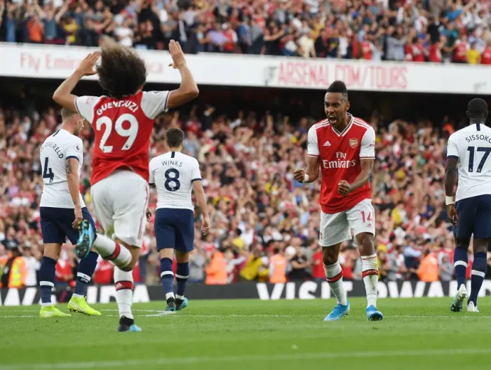 Framed Print : Arsenal's Aubameyang and Guendouzi Celebrate Goals Against Tottenham in 2019-20 Premier League Clash