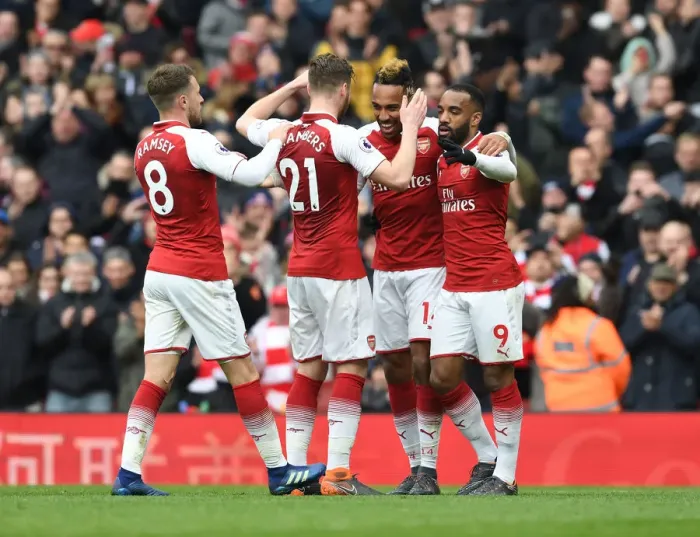 Framed Print : Arsenal's Aubameyang, Lacazette, Chambers, and Ramsey Celebrate Goals Against Stoke City