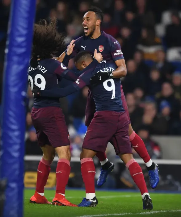 Framed Print : Arsenal's Aubameyang, Lacazette, and Guendouzi Celebrate Goal Against Brighton (2018-19)