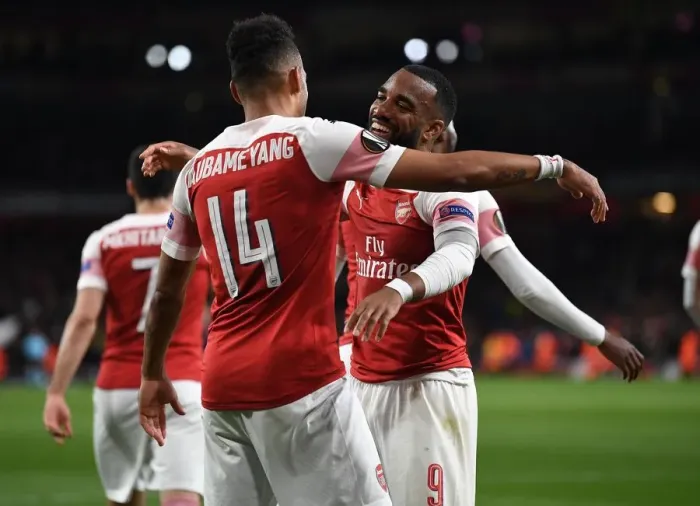 Framed Print : Arsenal's Aubameyang and Lacazette: Unstoppable Duo Celebrates Goals in Europa League Semi-Final vs Valencia