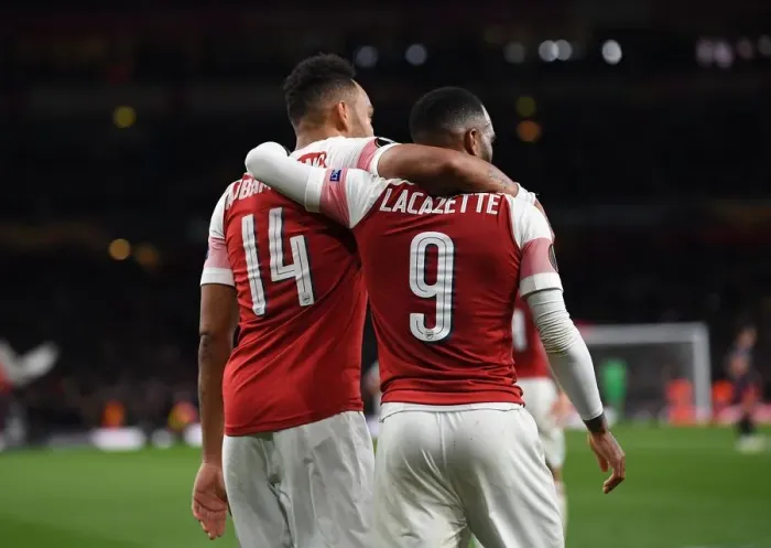 Framed Print : Arsenal's Aubameyang and Lacazette: Unstoppable Duo Celebrates Europa League Semi-Final Goals vs Valencia Framed Print : Arsenal's Aubameyang and Lacazette: Unstoppable Duo Celebrates Europa League Semi-Final Goals vs Valencia