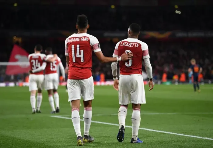 Framed Print : Arsenal's Aubameyang and Lacazette: Unstoppable Duo Celebrates Goals in Europa League Semi-Final vs Valencia Framed Print : Arsenal's Aubameyang and Lacazette: Unstoppable Duo Celebrates Goals in Europa League Semi-Final vs Valencia