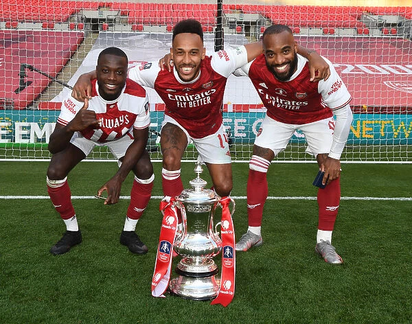Arsenal's Aubameyang, Lacazette, and Pepe Celebrate FA Cup Victory Amid Empty Wembley Stadium (Arsenal v Chelsea, 2020)