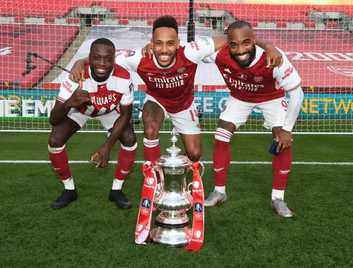 Arsenal's Aubameyang, Lacazette and Pepe Celebrate Empty FA Cup